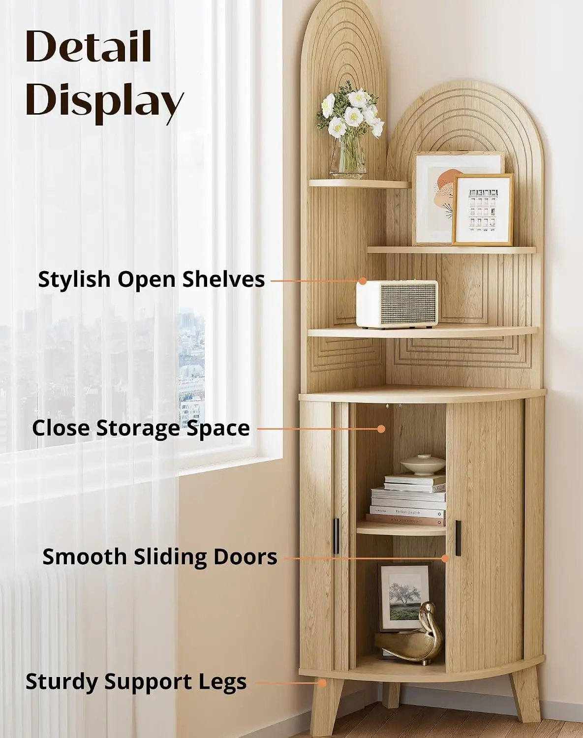 Corner Cabinet Sliding Door Storage Tall Bathroom Kitchen Living Room Display Shelf Oak Wood, Customized
