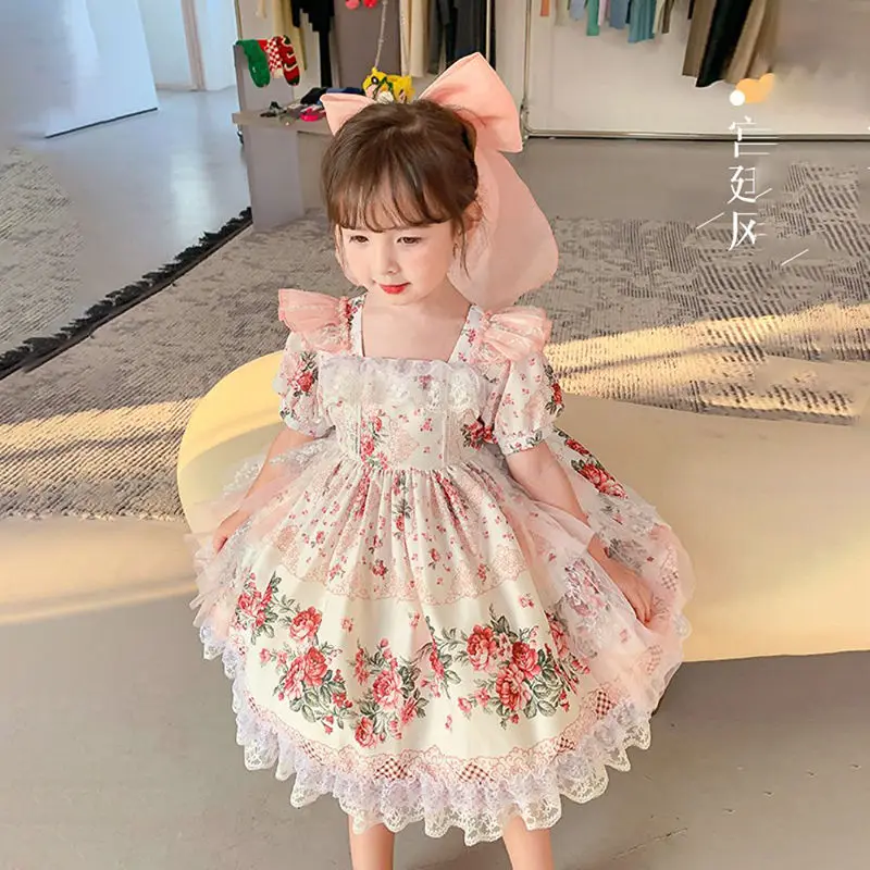 

Baby Girls Summer Light Pink Floral Lolita Lace Princess Ball Gown Dress for Birthday Holiday Party Eid Childen Skirts Clothing