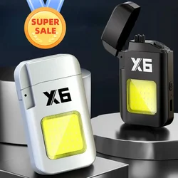 Briquet à double périphérie coupe-vent extérieur, impulsion plasma, sans flamme, aste par USB, mini lampe de travail portable, cadeaux pour hommes, chaud