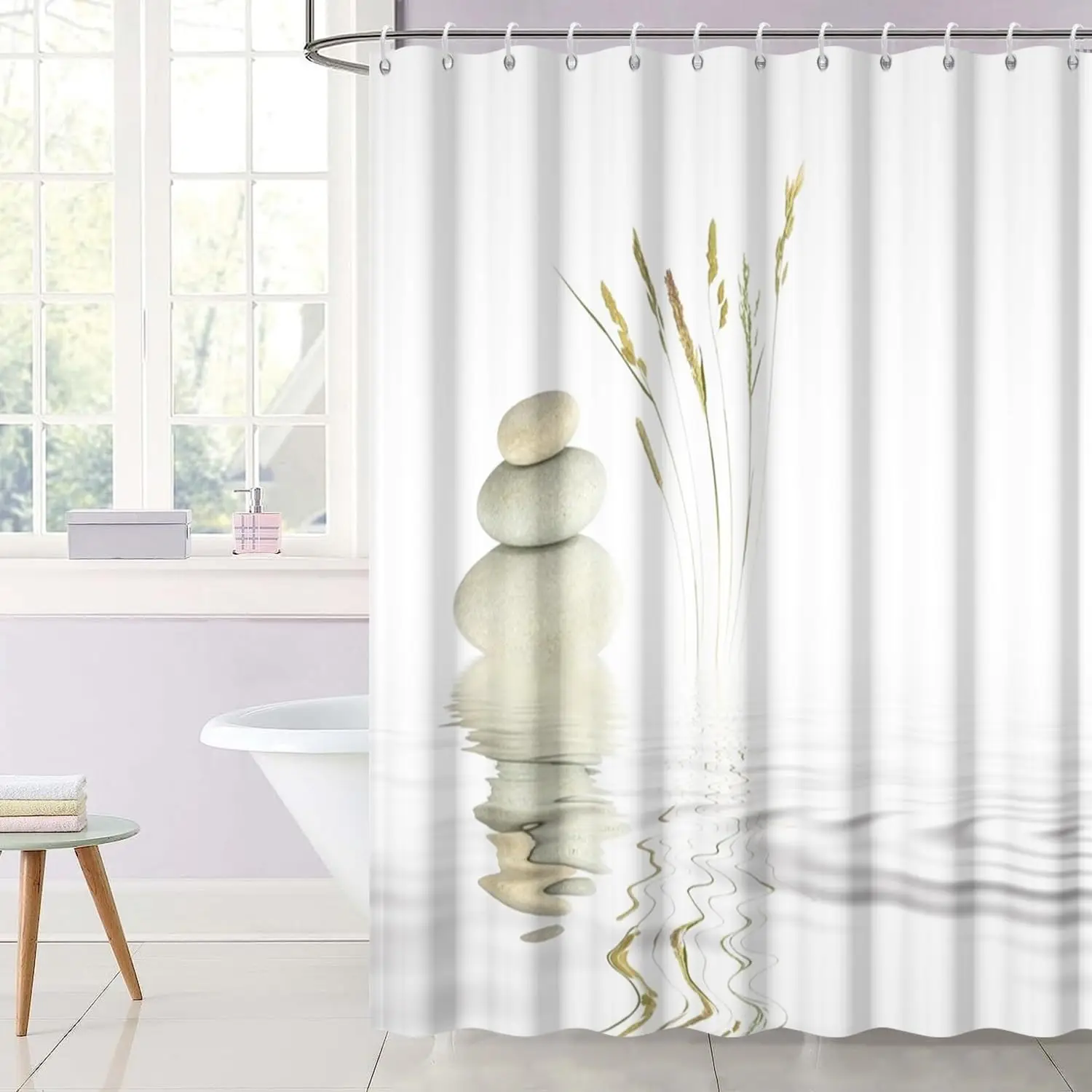 Casual Style Shower Curtain Zen Spa Balanced Stone Wild Grass Reflection in Water Meditation Still Life Art Design Bath Curtain
