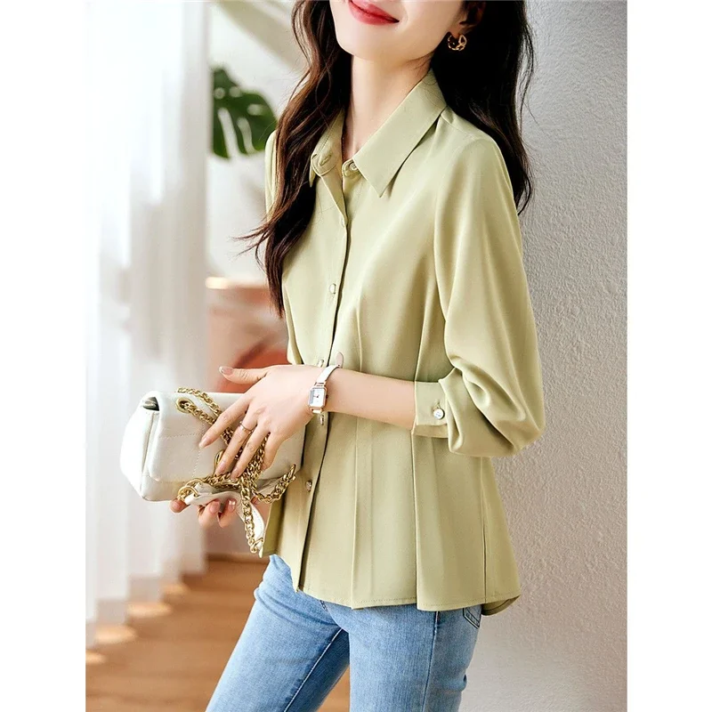 

Women Ruffled Elegant Chic Button Shirts Korean Fashion Simple Business Casual Office Lady Blouse Solid Long Sleeve Tops E736