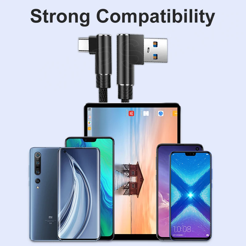 90 Degree Elbow Type C Cable for Huawei P40 P30 Pro Fast Charging Wire for Xiaomi Samsung Galaxy S20 S10 Mobile Phone Wire Cord