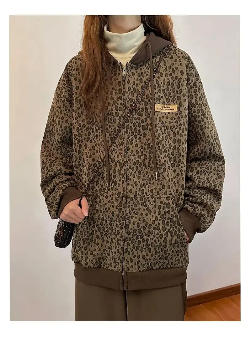 Leopard Hoodies Women Thicken Hooded Zip Up Jacket Fashion Design Plush Vintage Hoodie Spring 2024 New in Korean Hooded Coat Y2k