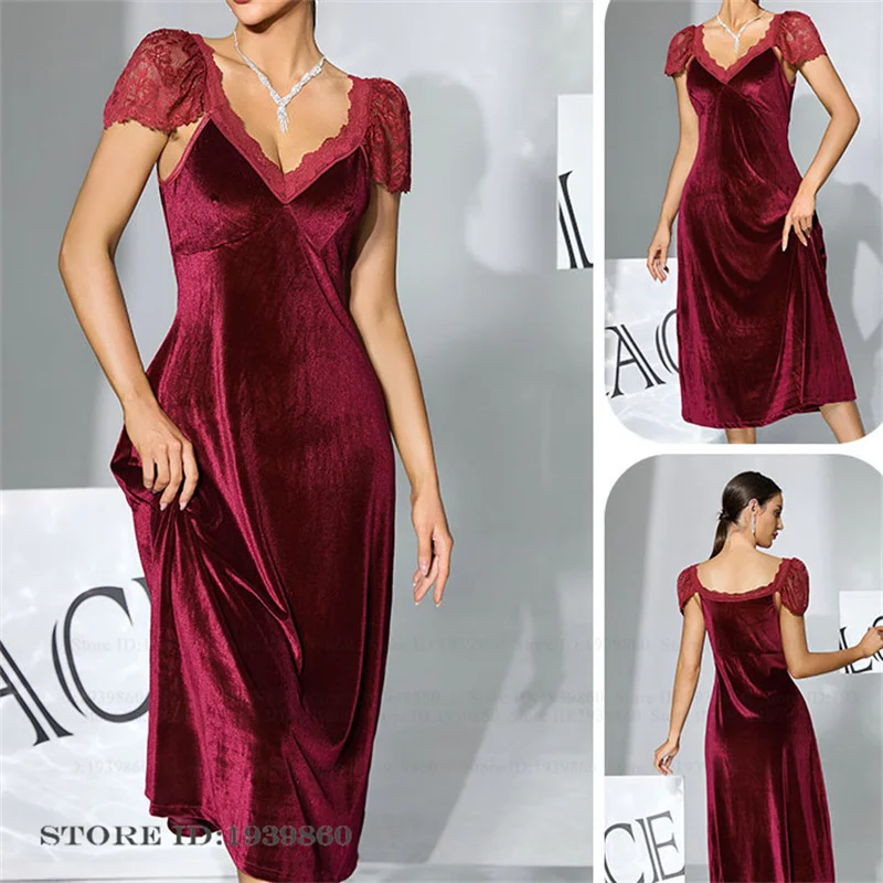 Autumn Winter Velvet Long Nightgown Chemise Sleepwear Sexy Burgundy Lace Nightdress Homewear Female Velour Loungewear Night Wear