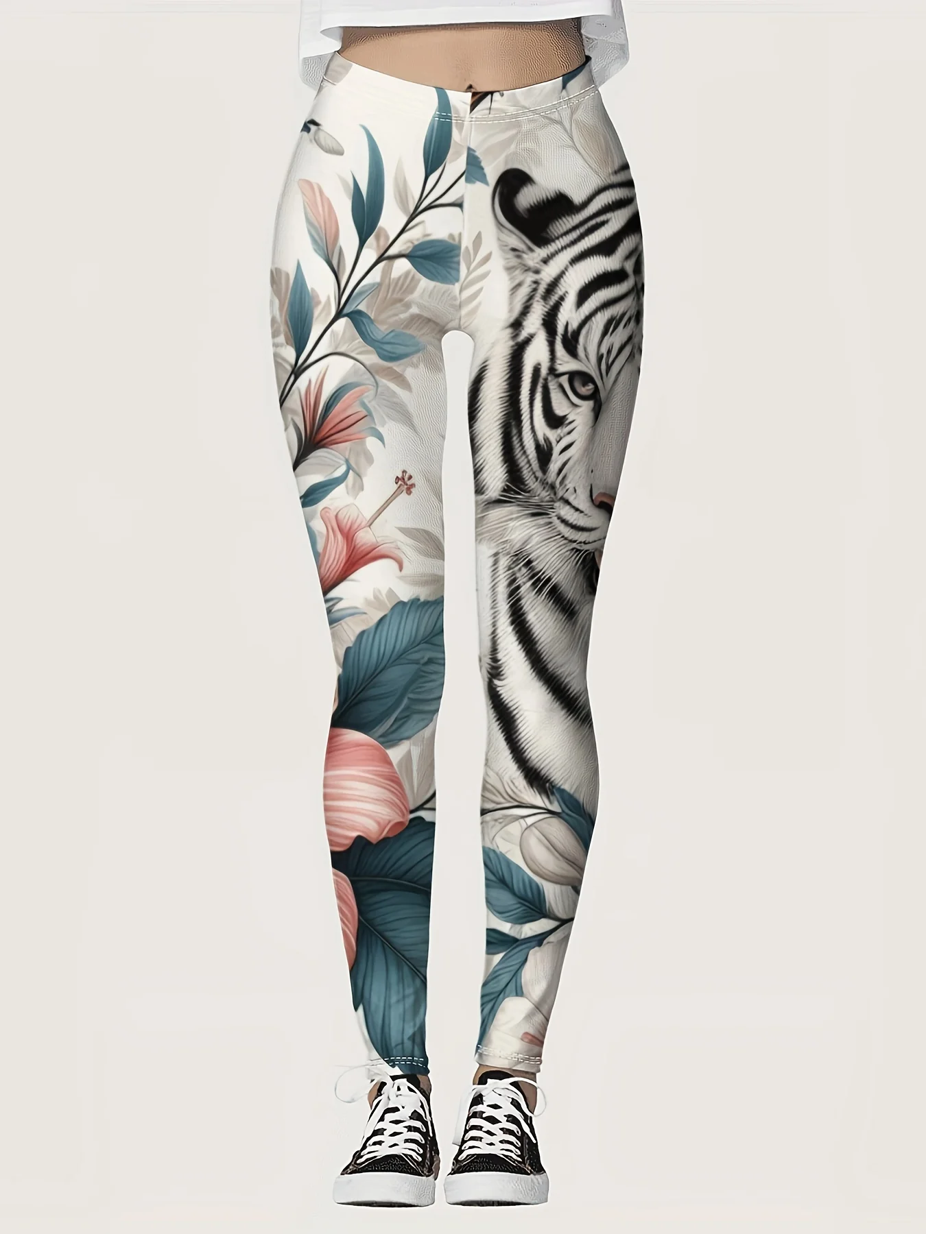 Women Mid‑Waist Fleece Lined Leggings, White Tiger Floral Spliced Print, Slim Warm Bohemian Street Casual Daily Pants