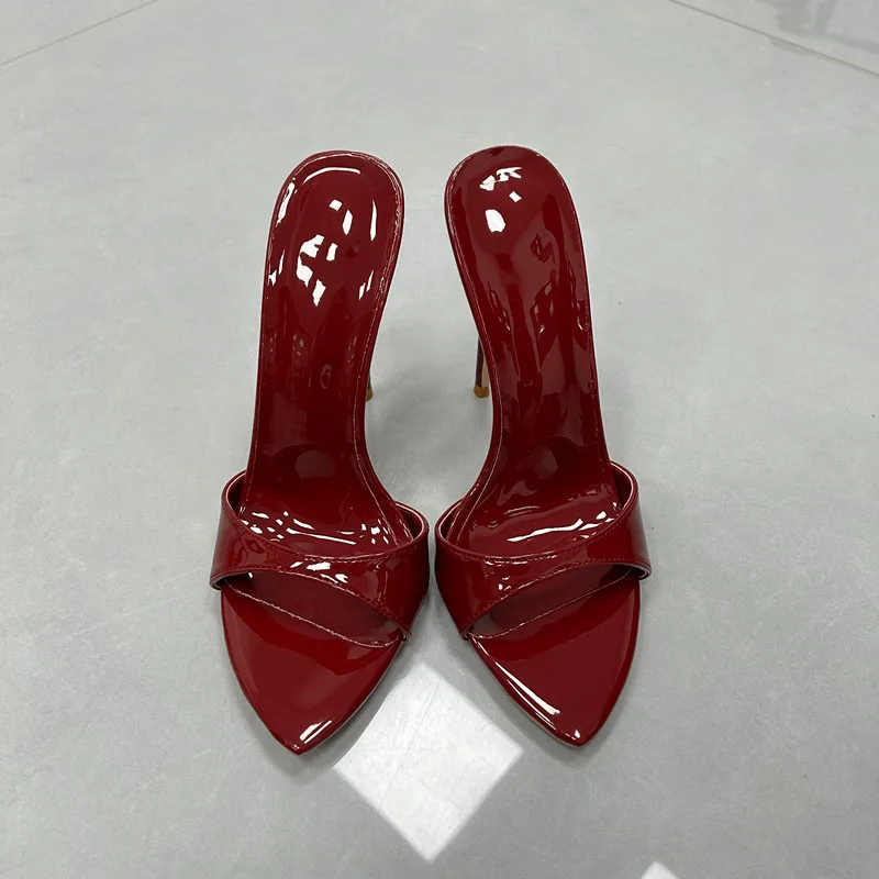 Elegant Burgundy Patent Pointed Toe Stiletto Heel Mules for Women,Sexy Slip-On High Heel Sandals Fashion Lady Party Dress Shoes