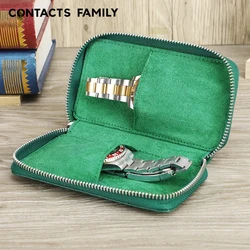 CONTACTS FAMILY Luxury Pouch with Zipper Travel Portable Organizer Bag Holds 2 Watches for Men and Women Gift Genuine Leather