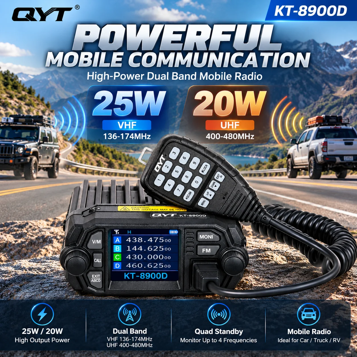 QYT KT-8900D 25W VHF 20W UHF Dual Band Mobile Radio Quad Standby 200CH Mini Car Walkie Talkie Color Screen DTMF CTCSS DCS