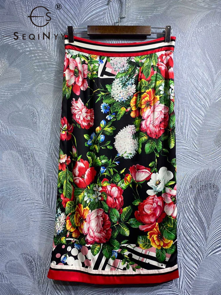 

SEQINYY Elegant Pencil Skirt Slim Midi Summer Spring New Fashion Design High Quality 100% Silk Sicily Vintage Flower Print