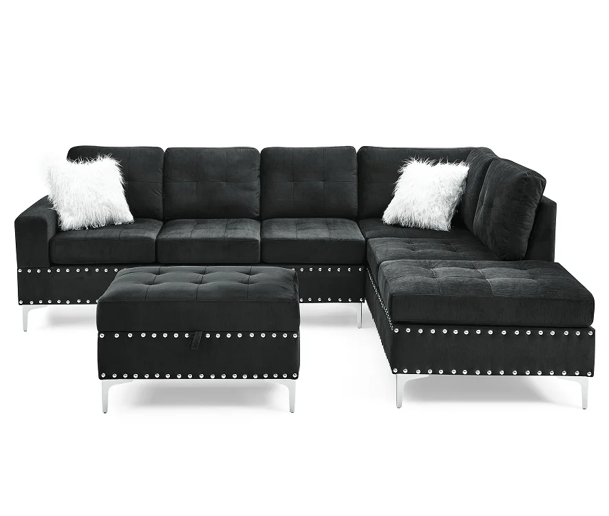#Modern Convertible Sectional 3-Seaters Sofa Set Reversible Chaise Storage Ottoman Cup Holders L-Shaped Velvet Memory Foam Metal