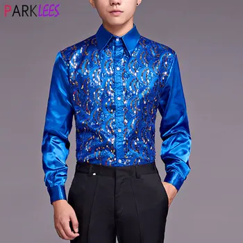 Camisa de satén con lentejuelas para hombre, camisa de manga larga, ajustada, brillante, azul real, club nocturno, fiesta, escenario, graduación, Coro