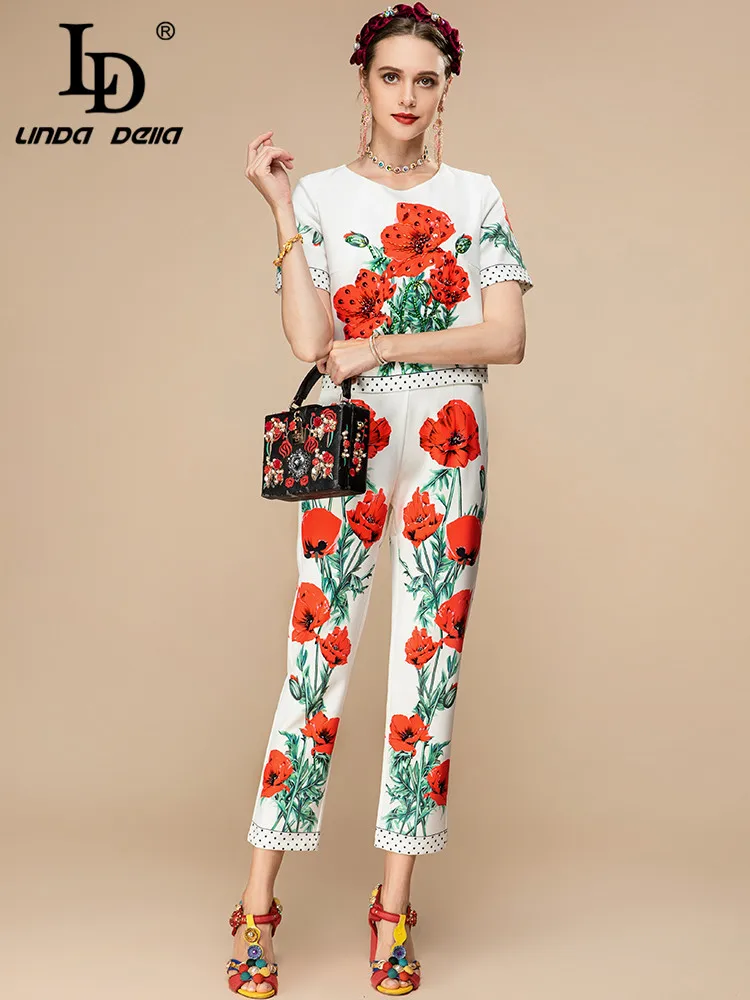 LD LINDA DELLA 2023 New Fashion Designer Summer Flower Print Elegant Set Women Beading Short sleeve Top and pants 2 Pieces Suit