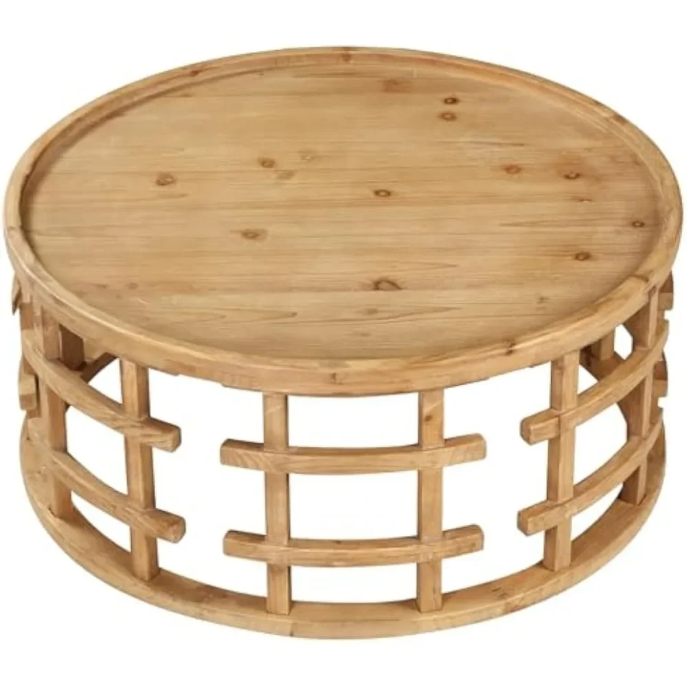Farmhouse Round Coffee Table, French Country Sofa Tables,Rustic Solid Wood Finish w/ Openwork Pattern & Curved Base, Handcrafted