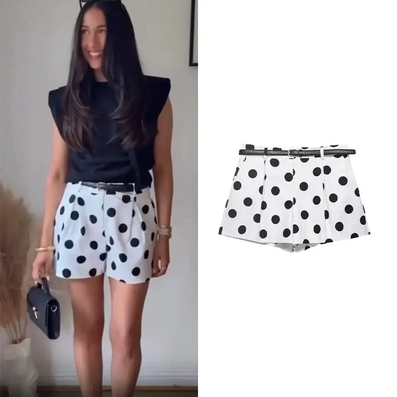 Spring Summer Vintage Polka Dot Printing Shorts with Belt Women High Waist Casual Loose Shorts Holiday Simple Chic Shorts