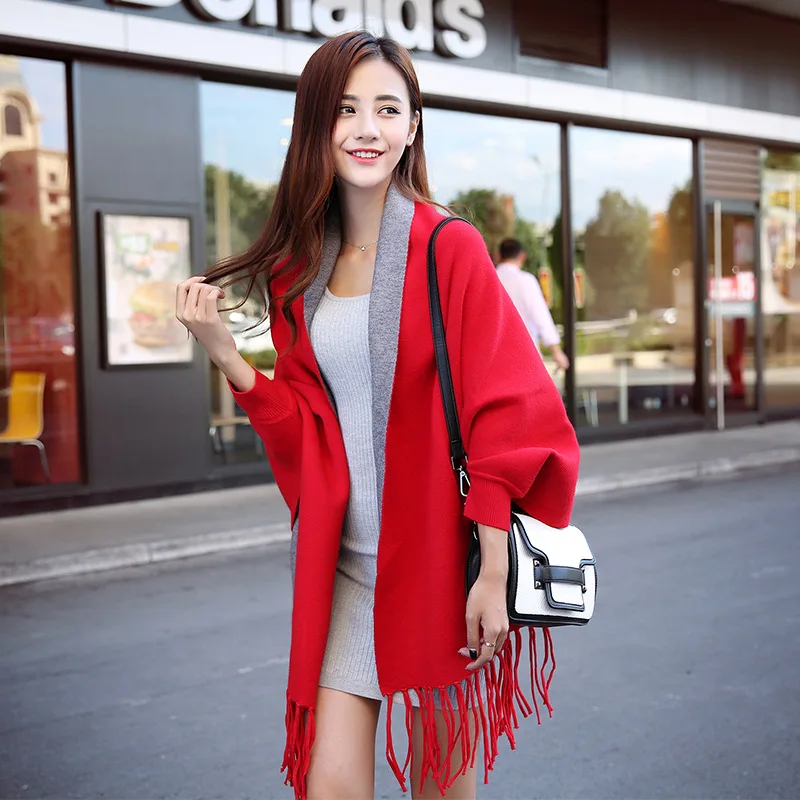 Herbst Winter Verdickt Warme Gürtel Hülse Schal Reversible Schal Dual-use-Weibliche Mantel Poncho Dame Capes Rose Rot Mäntel