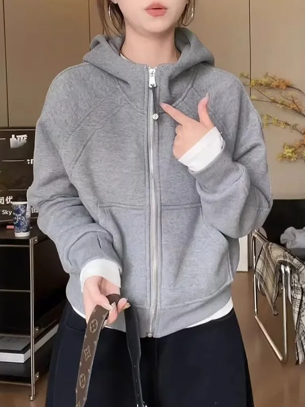 Gray Hooded Sweatshirt Jacket plus Size Women's Autumn New Thickened Loose Slimming Zipper Open Cardigan Top