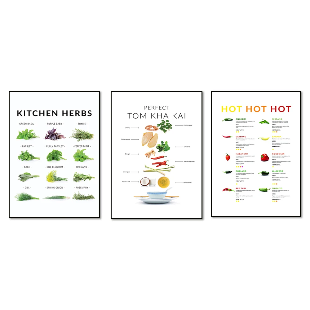 Poster Noodle soup infographic,Poster Tom Kha Kai infographic, Poster peppers info graphic, Kitchen herbs poster,