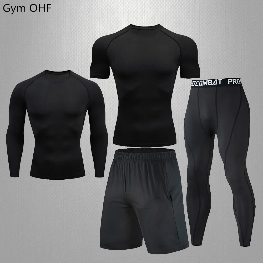 

Four Piece Set For Men Men's Compression T-shirt Suits Solid Color Tight Fitting Quick Drying Jujitsu Workout Sweatpants Gym