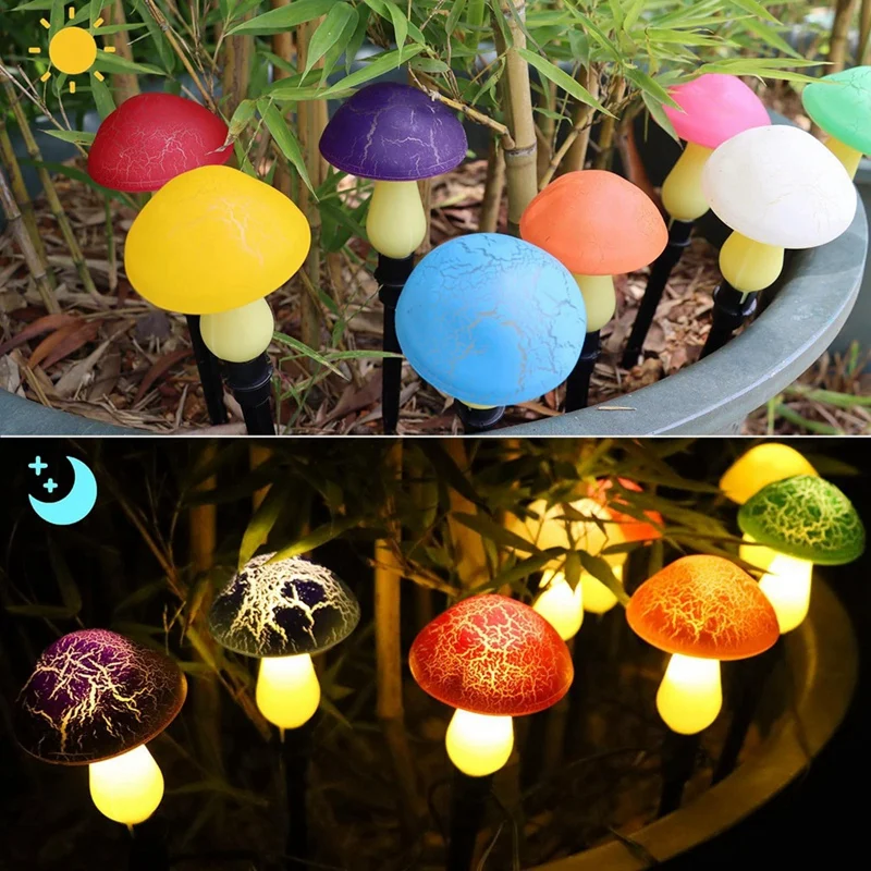 Confezione da 8 luci di funghi screpolati per la decorazione del giardino, decorazioni per esterni con luci solari a fungo, arte stravagante del cortile per il cortile