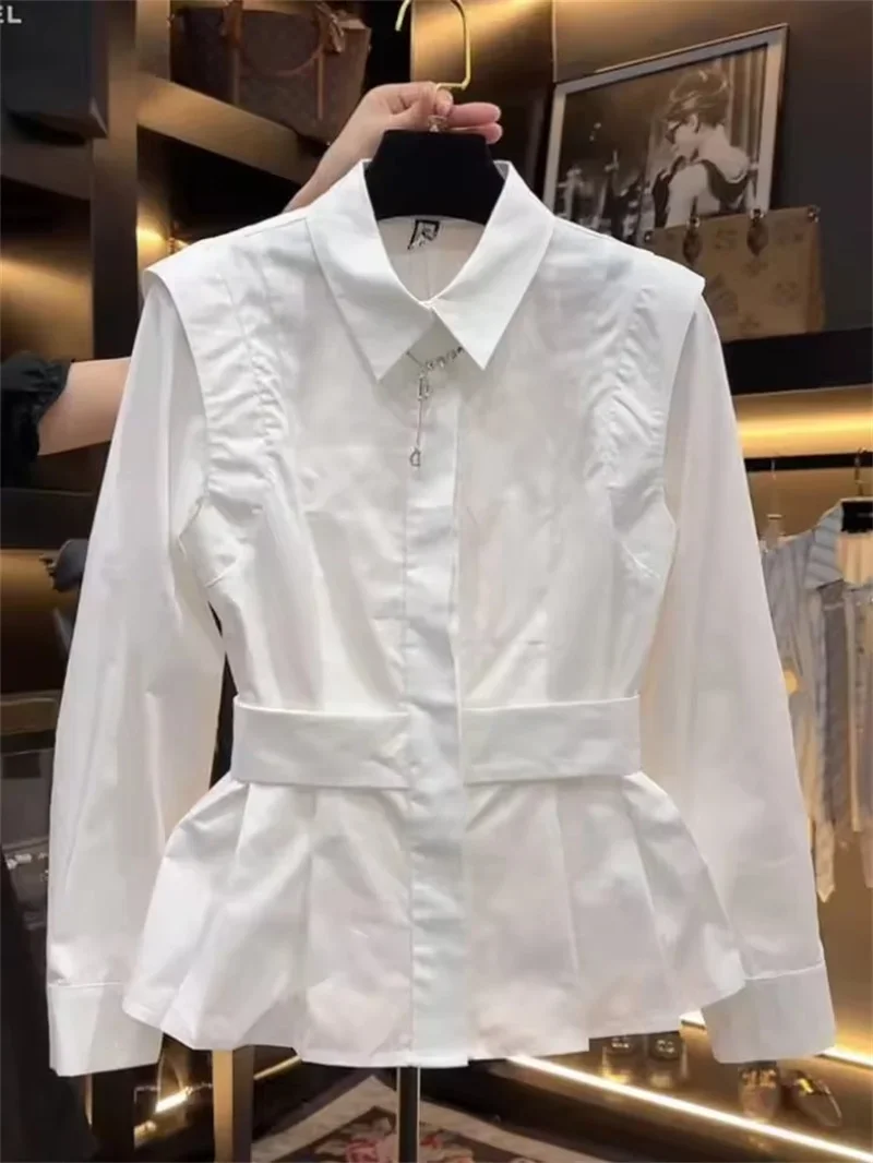 

Pop Elegant Slim Fit Long Sleeve Shirt Women's Fashion Versatile White Top 2025 New Spring Korean Button up Office Wear Blouse