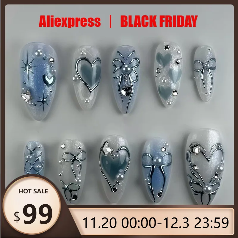 

24 шт., ледяные и крутые мечтательные синие ногти с 3D жемчужными блестками, сверкающими бриллиантами и звездным жемчугом, идеальный подарок для девочек