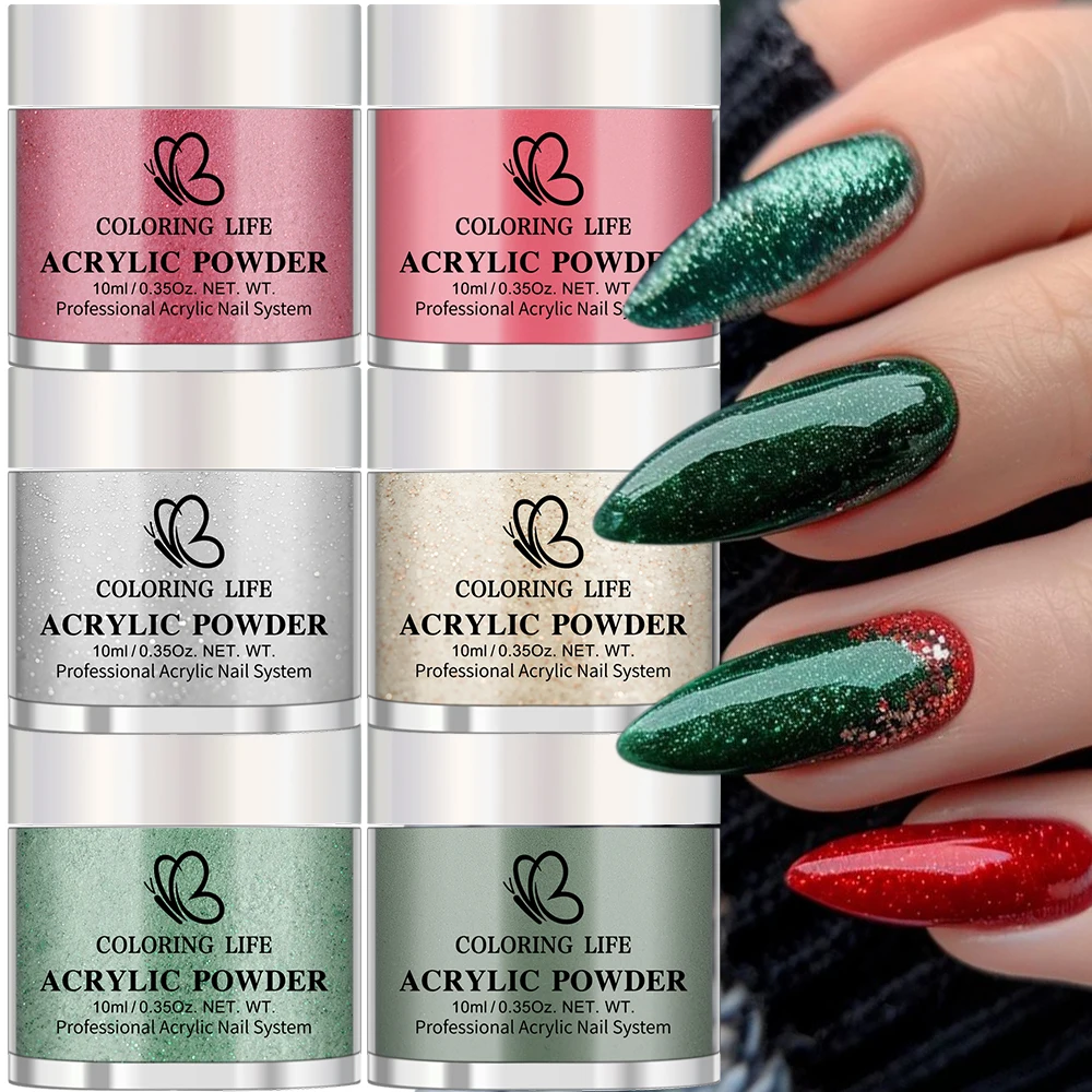 6pcs Christmas Dip Powder Nail Kit Acrylic Dipping Manicure System with Red/Green/Gold/Silver Festive Colors French Nails Tools*