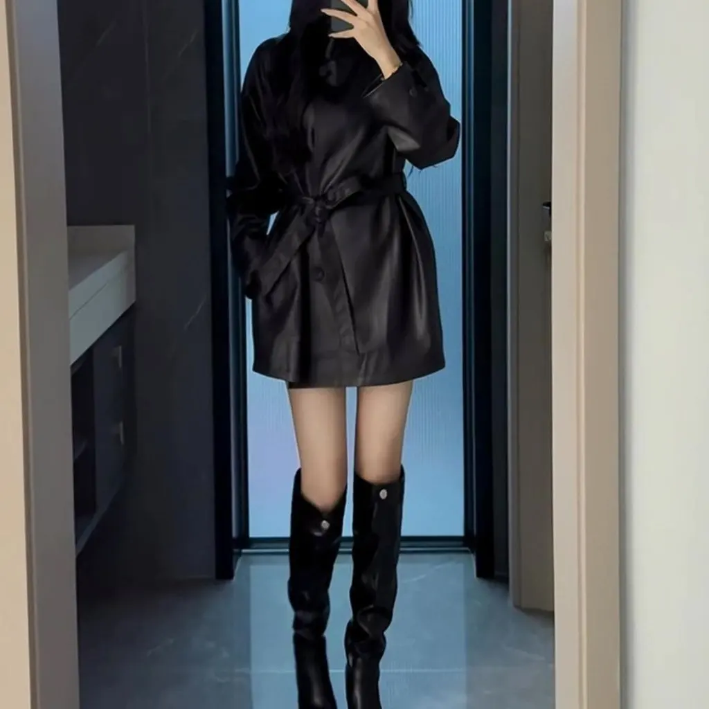 

Women's Black PU Leather Outwear High-End Lace-Up Loose Fit Mid-Length Trendy Silhouette for -