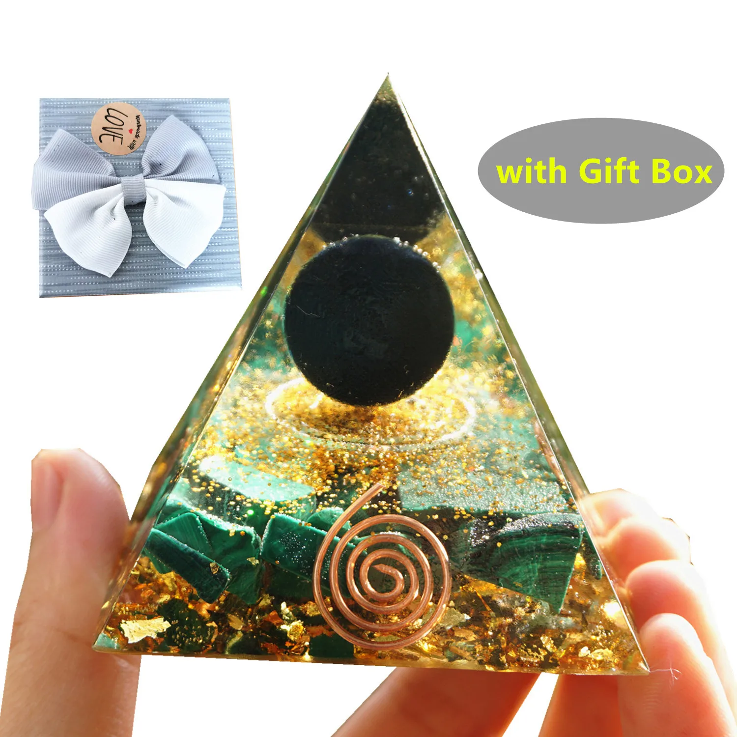 

Obsidian Sphere Orgonite Pyramid with Malachite Gemstone Crystal Healing Reiki Energy Orgone Pyramide EMF Protection