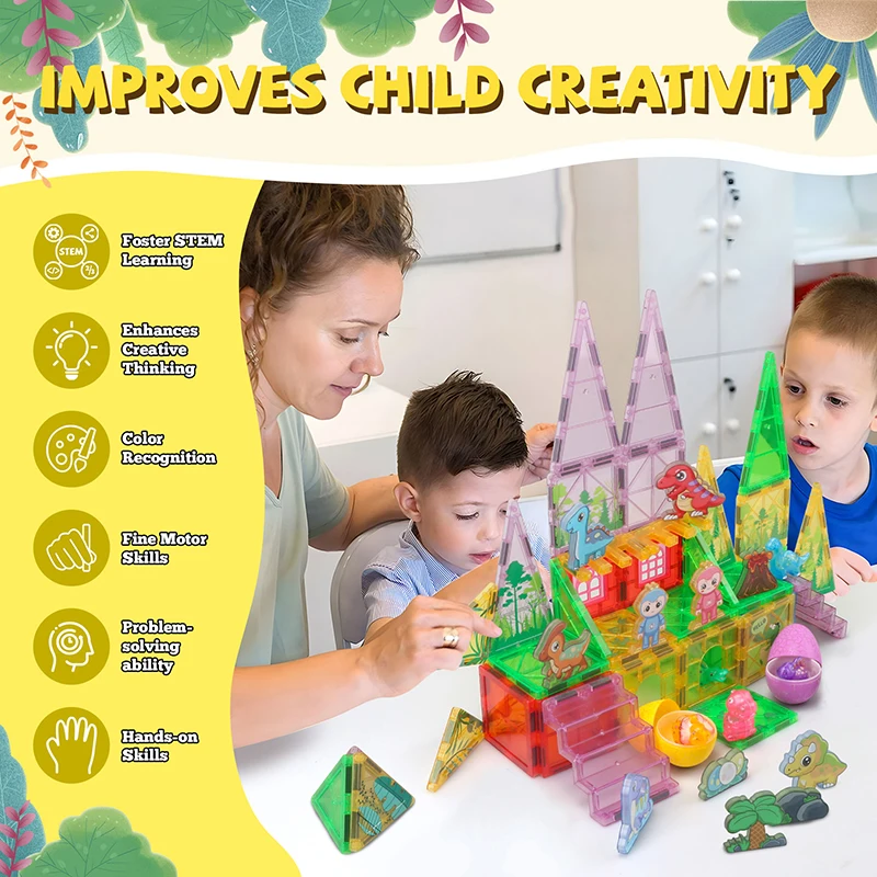 恐竜の森テーマ マグネットタイル 61ピース 恐竜マグネットタイル 組み立ておもちゃ 子供 男の子 女の子 STEM学習玩具 誕生日プレゼント