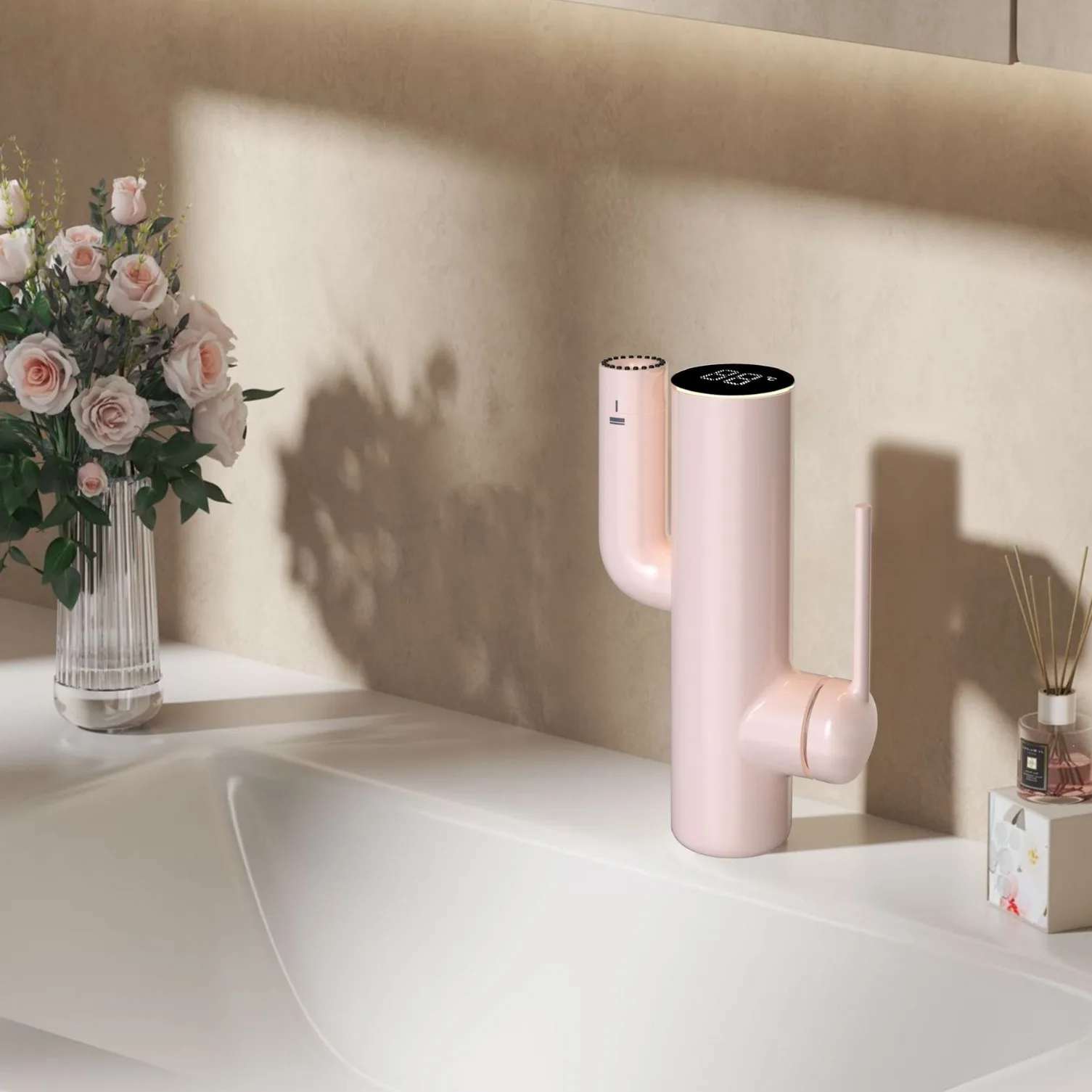 

Pink Bathroom Basin Faucet with Digital Display Rotating Water Mixer Tap