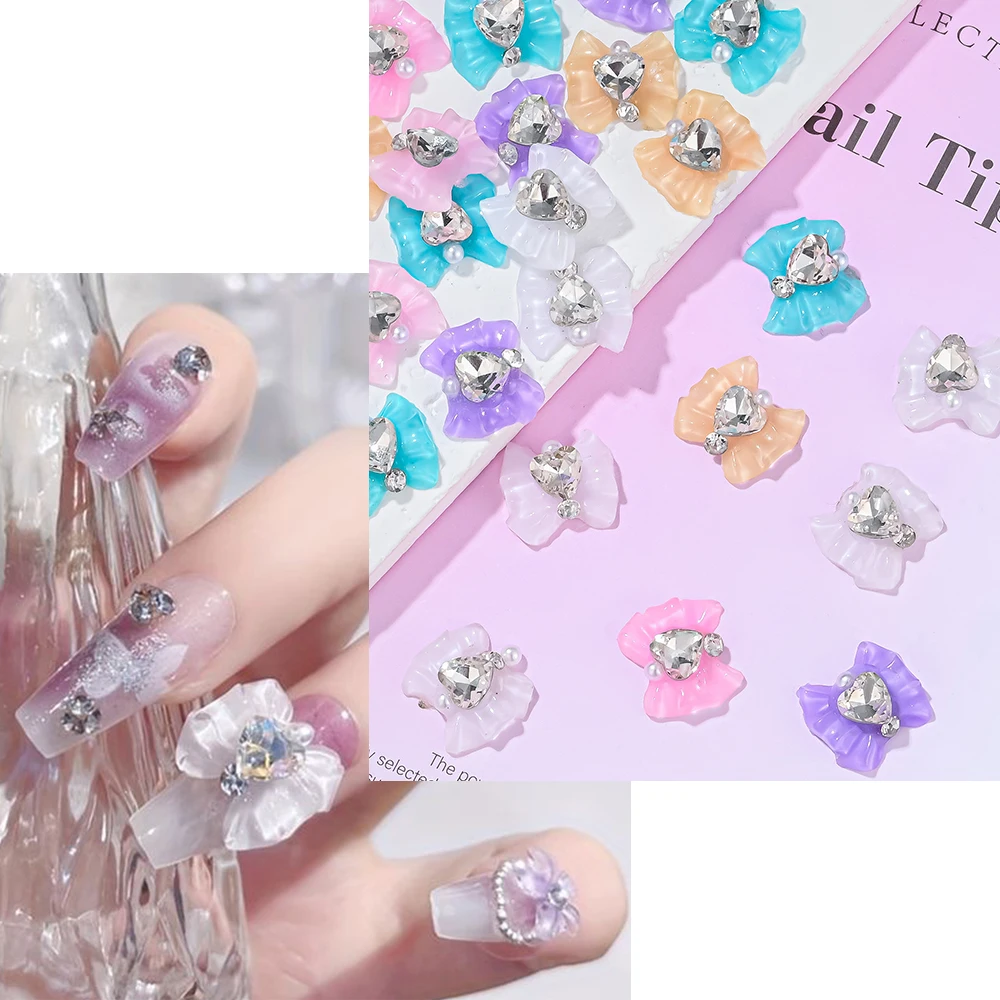 10Pcs Ribbon Bowknot Nail Art Charms 3D Love Heart Crystal Diamond Rhinestone Kawaii Bow Manicure Supplies Nail Art Decoration