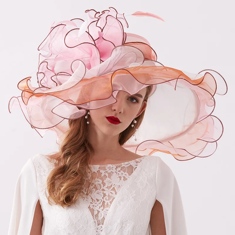 Summer Organza Kentucky Derby Hats For Women Elegant Fascinator Hats Ladies Large Wide Brim Church Wedding Hat With Big Flower