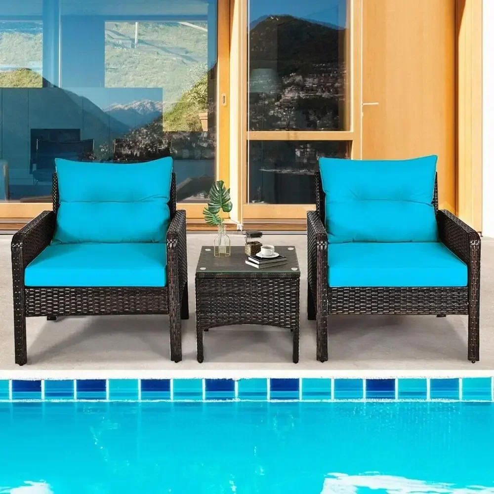 3-Piece Outdoor Patio Furniture Set with PE Rattan Wicker, Glass Top Coffee Table, Thick Cushions for Deck, Porch, or Balcony in