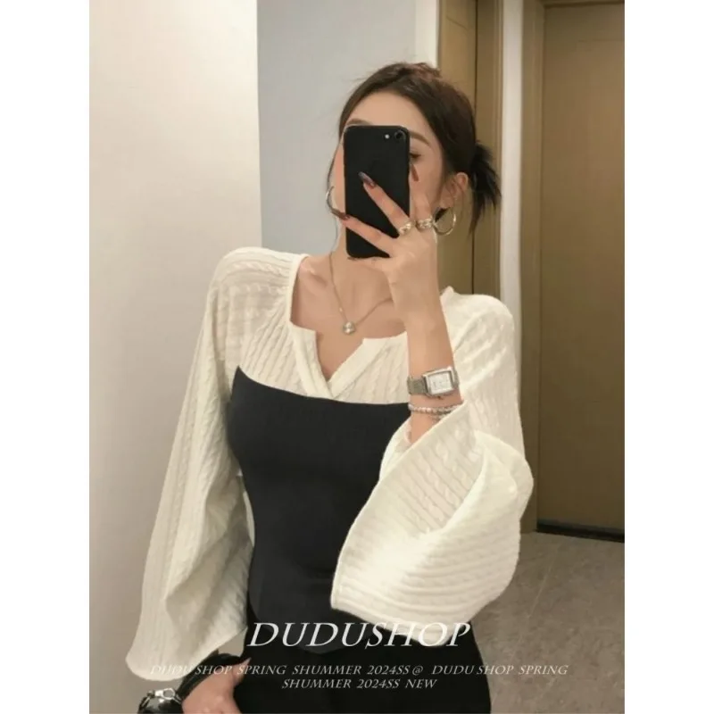

Women Spring Autumn Fashion Office Lady Slim Contrasting Colors Long Sleeve T-Shirt Ladies Sexy All-match Patchwork Trend Tops