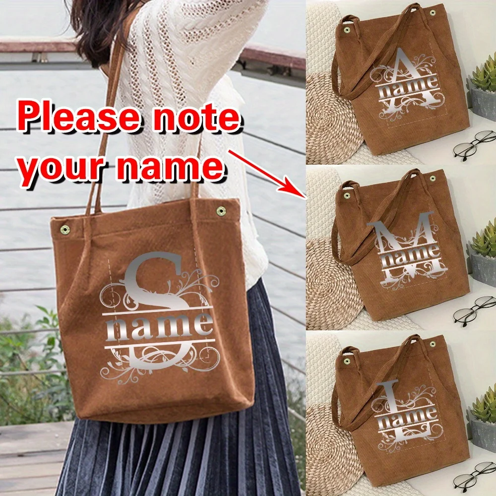 

Personalized Customized New Women's Corduroy Brown Shopping Bag Fashionable Canvas Shoulder Bag Storage Handbag