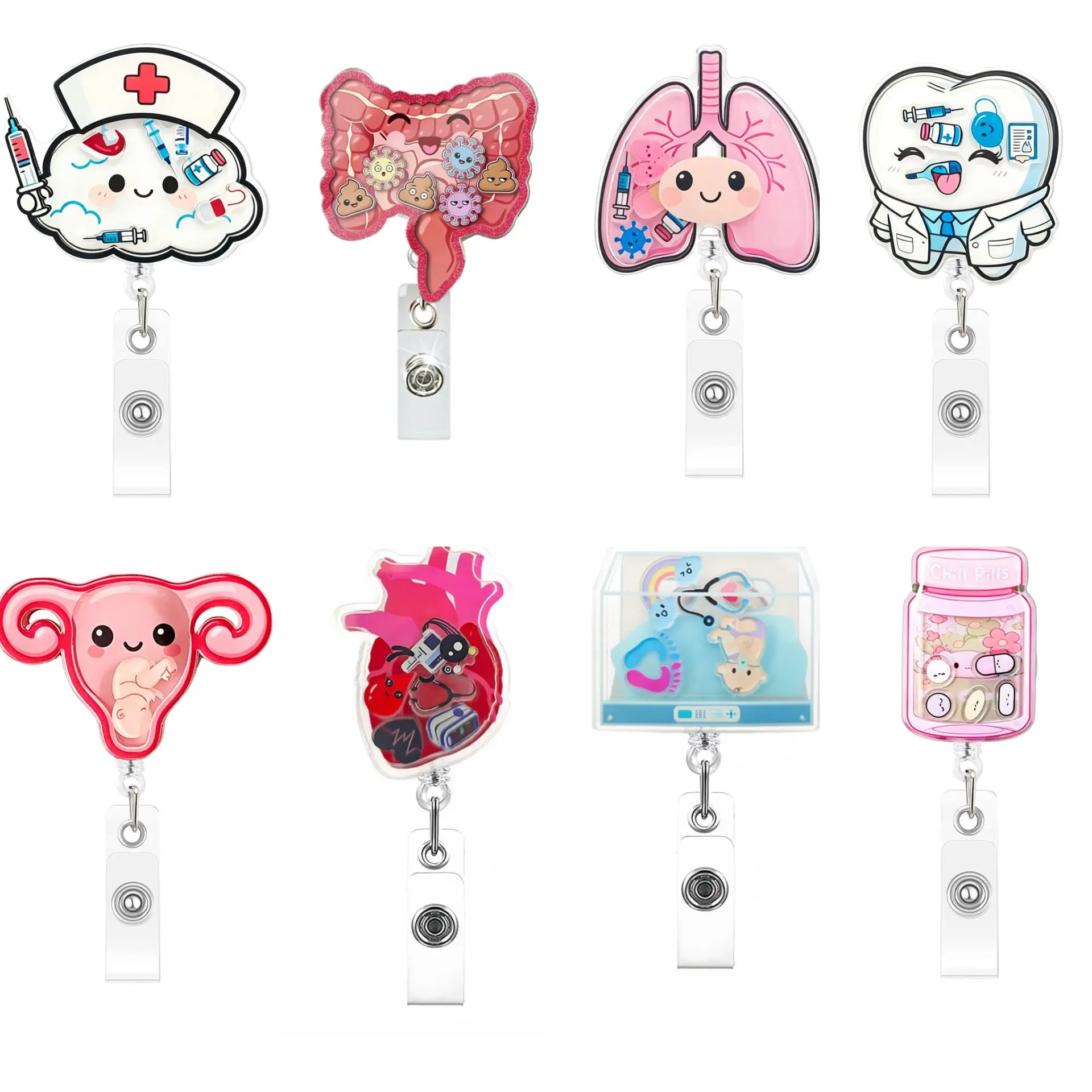 2026 New Design 1 Piece Funny Shiny Acrylic Shake Anime Human Organ Bottle Retractable Nurse Doctor Badge Reel ID Card Holder