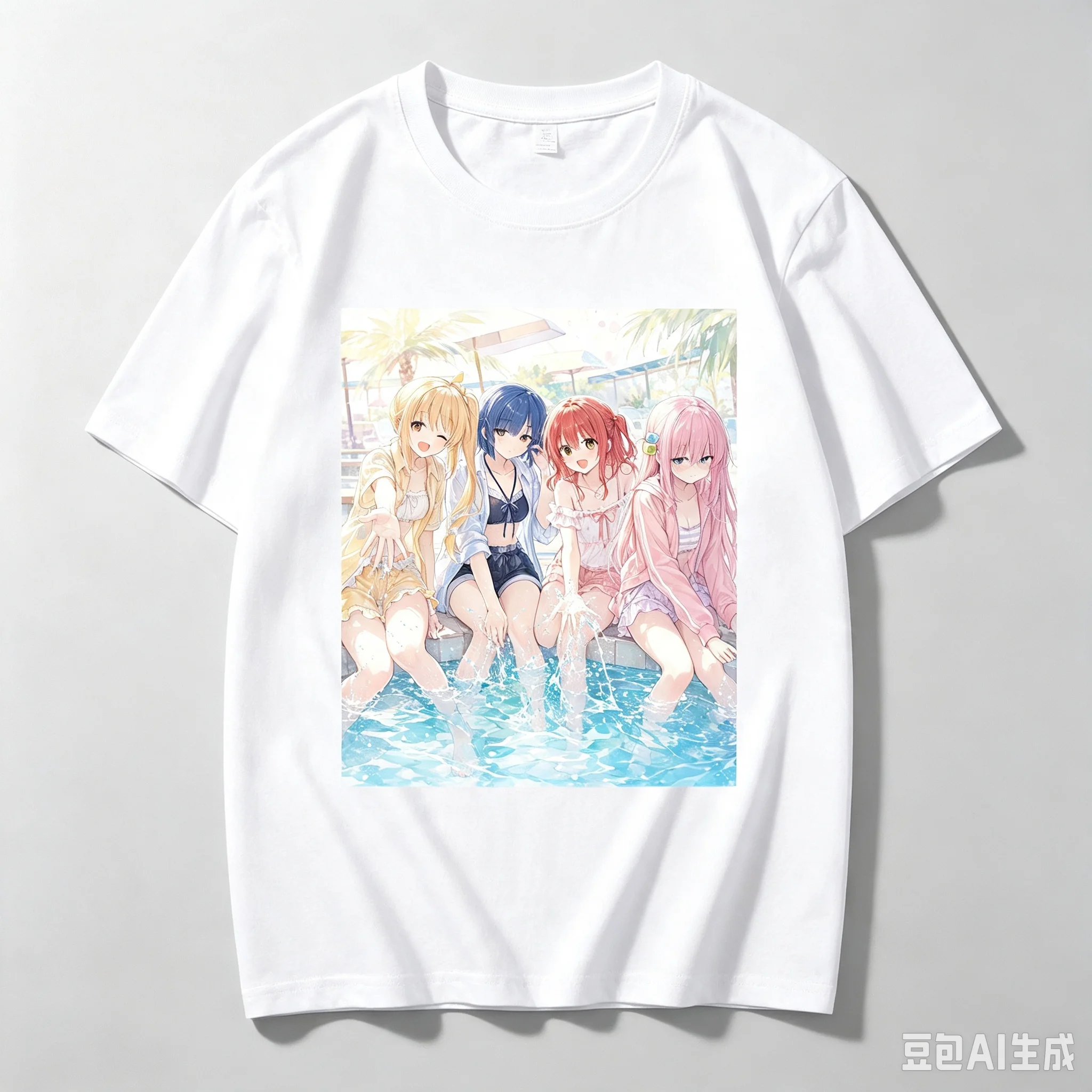 Unisex Casual Crew Neck Hitori Gotoh, Nijika Ijichi, Ryo Yamada and Ikuyo Kita Summer Pool Bocchi the Rock! T-Shirt