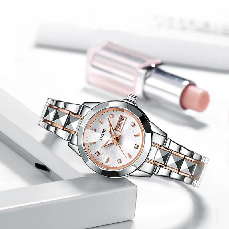 ساعات يد نسائية بسوار من الفولاذ المقاوم للصدأ ، ساعة كوارتز للسيدات ، فضة ، ذهب وردي ، عرض تاريخ تناظري ، موضة فاخرة ، 1677GD