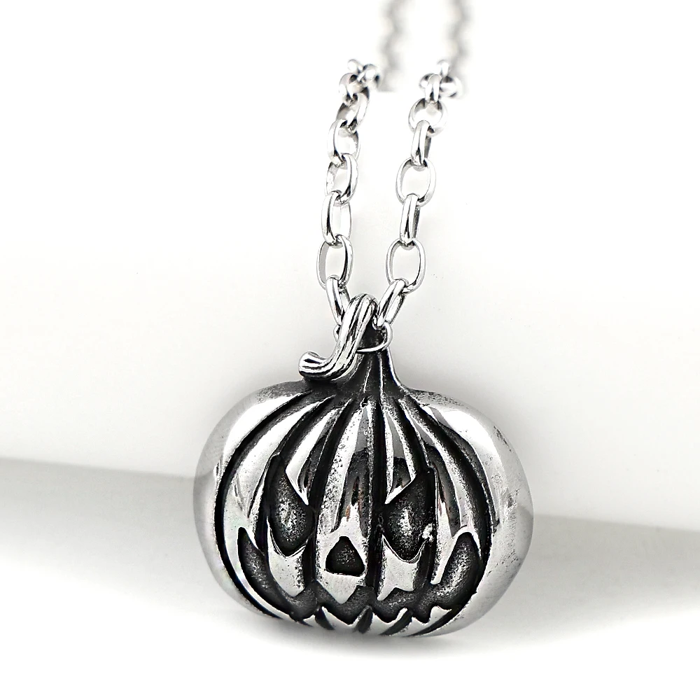 Punk Stainless Steel Pumpkin Lantern Pendant Necklace For Men Women Silver Color Jack-O-Lantern Halloween Chain Jewelry Gift