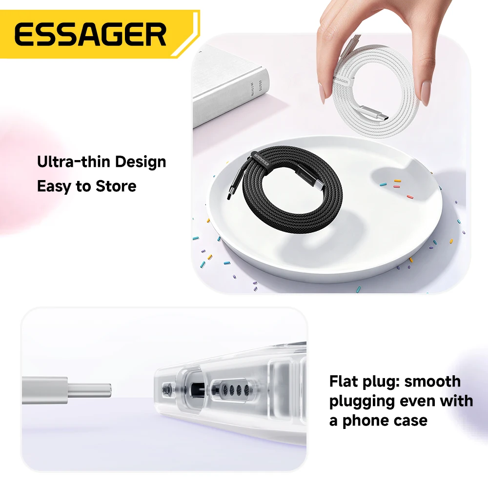 ESSAGER 100W USB C To Type C Slim Cable 5A PD Fast Charging for MacBook iPhone 17 16 Pro Max iPad Xiaomi Laptops USB-C Data Cord
