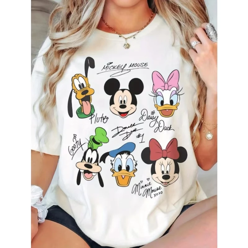 

Disney Retro Mickey Mouse and Friends Signature Printed Women's T-shirt, Pure Cotton Cartoon Character Couple Short-sleeved