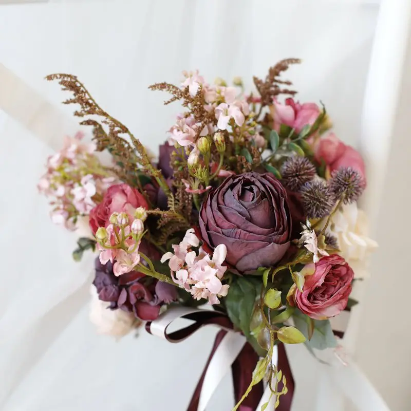 Yannew Vintage Fall Wedding Bouquet for Bride Bridesmaid Autumn Terracotta Artificial Rose Flower Bouquet for Wedding Decoration