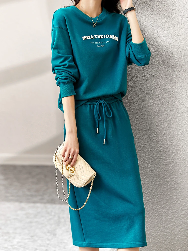 Vimly Peacock Blue Sweatshirt Skirt Two Piece Sets for Women 2023 Autumn Long Sleeve Tops Midi Split Skirt Fall Outfits V3955