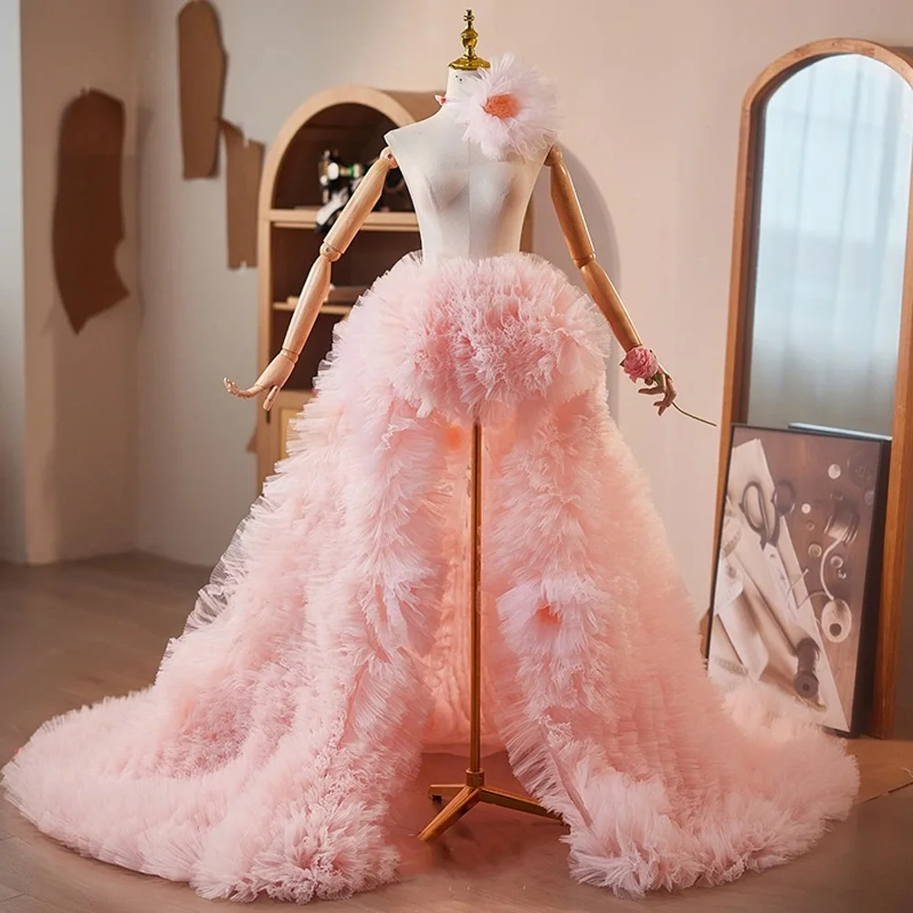 

Dreamlike Blush Pink Ruffles Skirt High Low Elastic Waist Blossom Long Tulle Evening Party Skirts Bride Wear Shooting Skirt Tutu