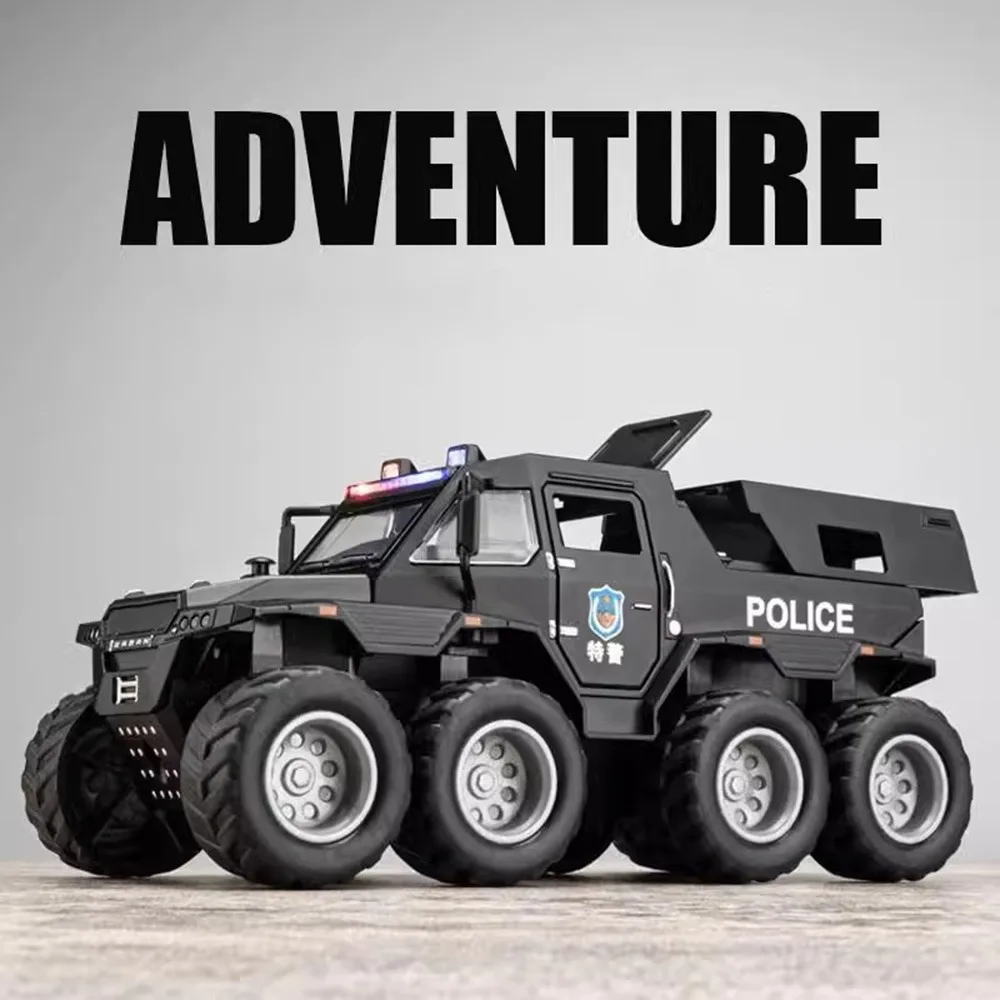 1/24 Shaman 8x8 ATV Police Car Model Toy Alloy Diecast Doors Opened Sound Light Shock Absorption Off-road Models Gifts for Boys