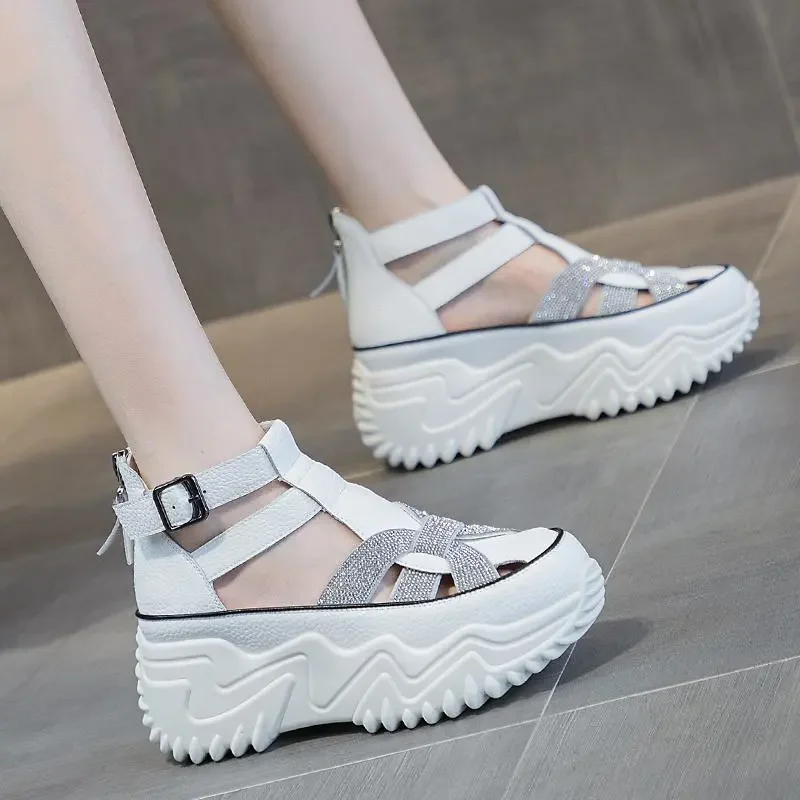 GKTINOO Hollow Sandals Rhinestones Fashion Genuine Leather Women Chunky Sneakers Female Summer Height Increasing Ladies Shoes