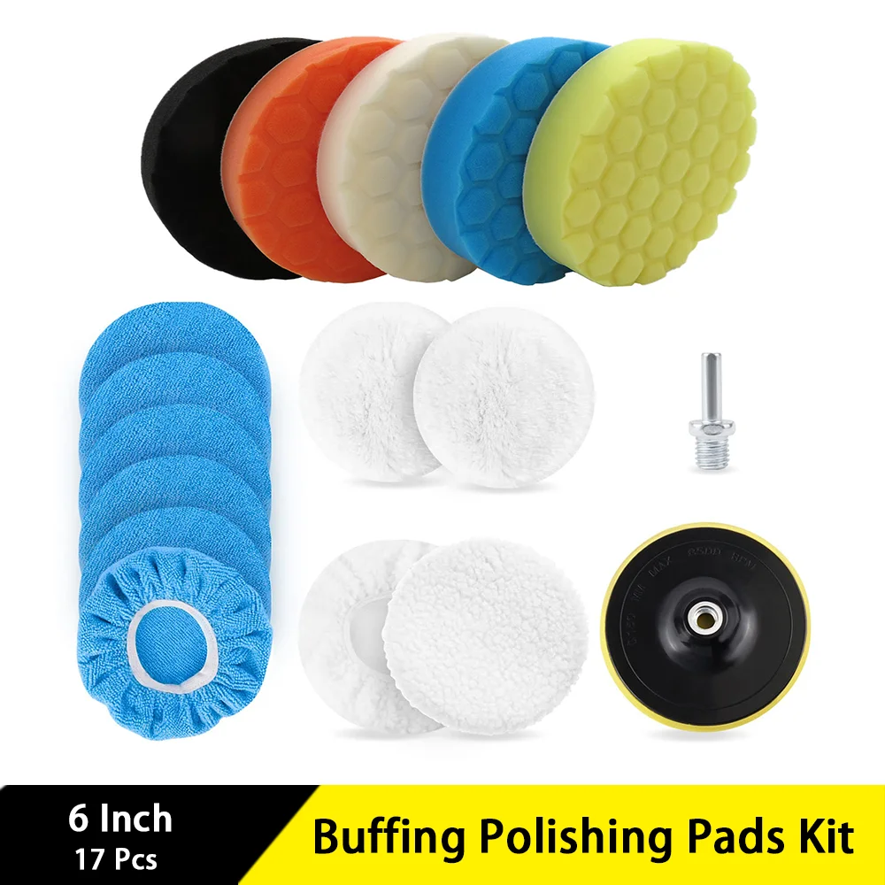 6 Inch Buffing Polishing Pads Kit 17 Pcs Wool Buffing Pad and Polishing Bonnets with M14 Drill Adapter for Car Polishing