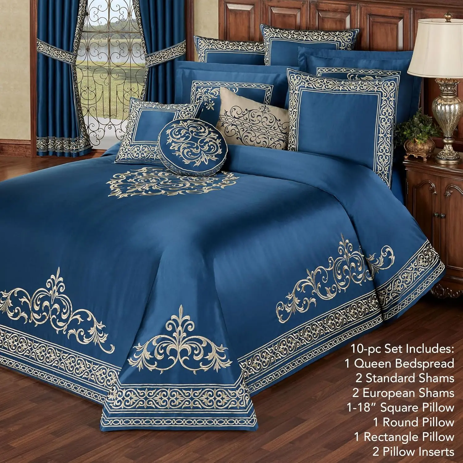 Buckingham Luxury Bedding | Sapphire Blue | Palace-Inspired Golden Scrollwork Embroidery | 10 Pc Set Includes Queen Bedspread,