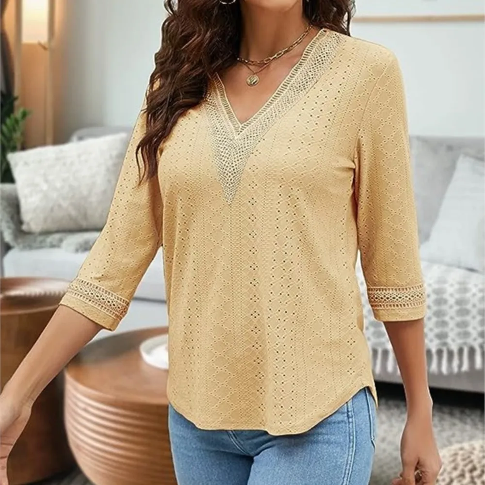 New Women\'s Lace Patchwork V-neck Casual Solid Color Shirt Female White 3/4 Sleeve Pullover Blouse Tops Femme Blusas Elegantes