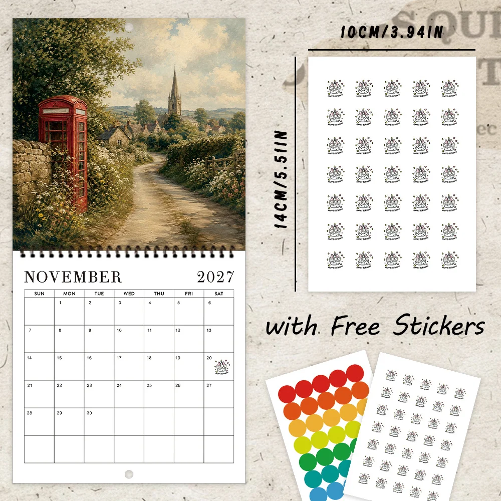 1pc 2027 English Country Dream Wall Calendar,12‑Month Planner,Gift For Back‑to‑School,Christmas,New Year,Free Stickers Included